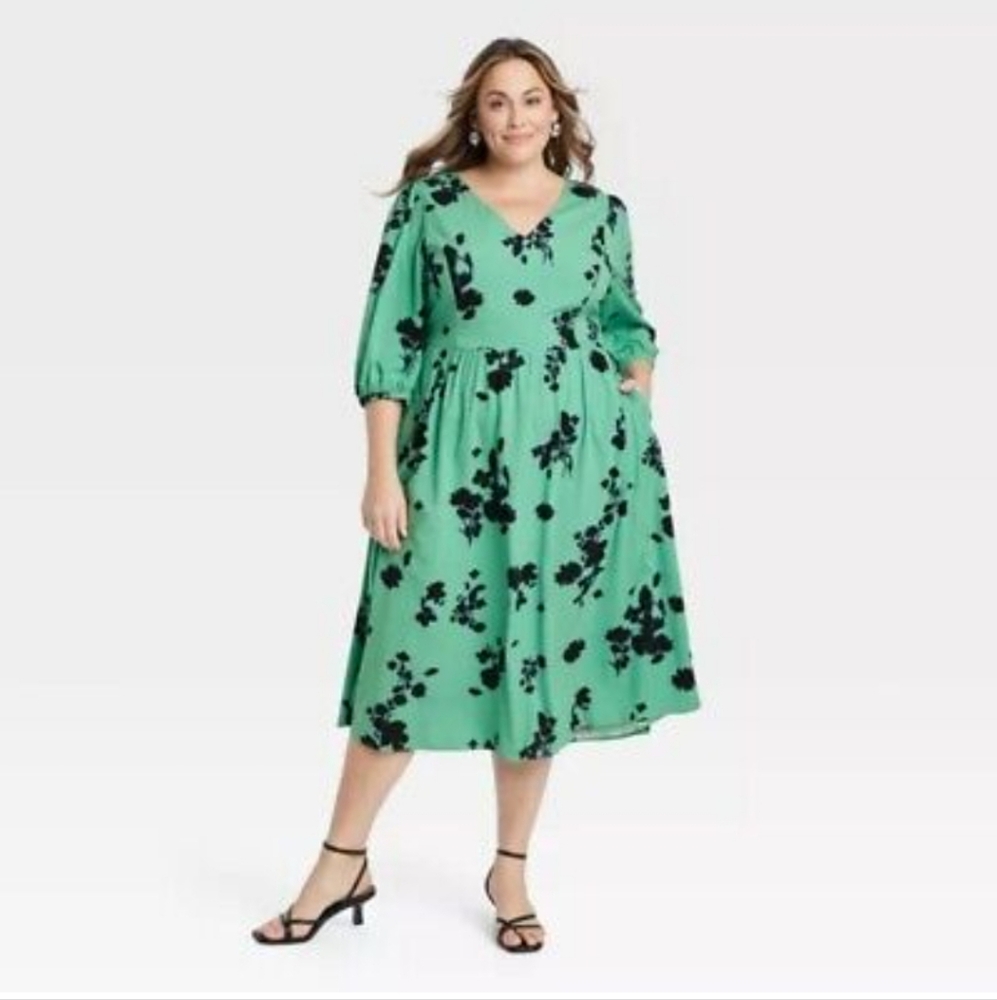 Ava & Viv Women's V-Neck Balloon 3/4 Sleeve Midi A-Line Dress - Green Floral